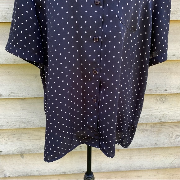 Vintage 90s Black Polka Dot Print Button Down Short Sleeve Collared Popover Top - Picture 10 of 16